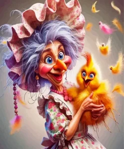 Woman And Funny Bird Diamond Painting