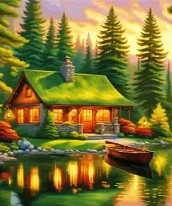 Peaceful Lakeside Cabin Diamond Painting