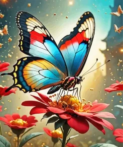 Butterfly On Red Flower Diamond Painting