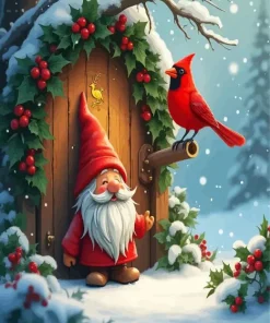 Gnome And Cardinal Bird Diamond Painting