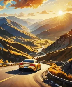 Golden Car On Road Diamond Painting