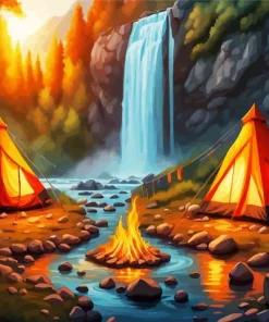 Campsite By Waterfall Diamond Painting