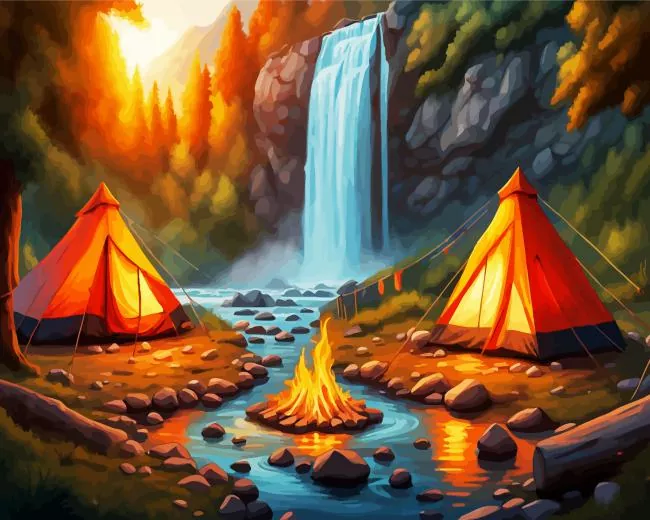campsite by waterfall Diamond Paintings Campsite By Waterfall Diamond Painting