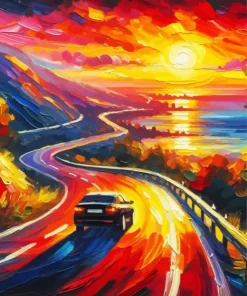 Car Driving Into Sunset Art Diamond Painting