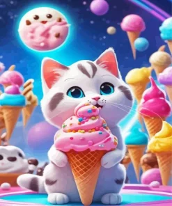 Cartoon Cat Eating Ice Cream Diamond Painting