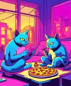 Cartoon Cats Eating Pizza Diamond Painting