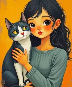 Cute Girl Holding A Cat Diamond Painting