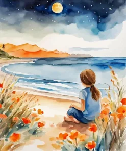 Girl Sitting On Beach Diamond Painting