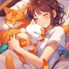 Anime Girl And Cats Sleeping Diamond Painting