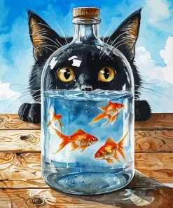 Black Cat And Goldfish Art Diamond Painting