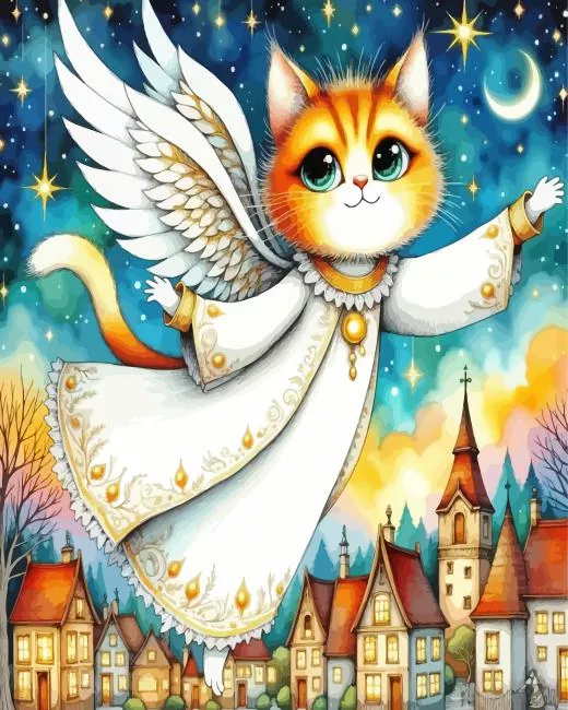 Cartoon Angel Cat Diamond With Numbers Cartoon Angel Cat Diamond Painting