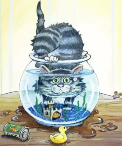 Cartoon Cat In Fish Bowl Diamond Painting