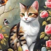 Cat And Birds In Garden Diamond Painting