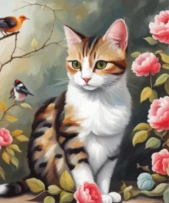 Cat And Birds In Garden Diamond Painting