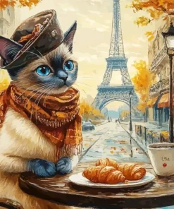 Cat Eating Breakfast In Paris Diamond Painting