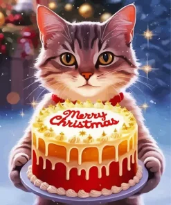 Cat Holding Christmas Cake Diamond Painting