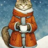 Cat In Snow Drinking Coffee Diamond Painting