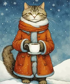 Cat In Snow Drinking Coffee Diamond Painting