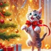 Christmas Cat With Red Ribbon Diamond Painting
