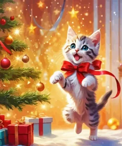 Christmas Cat With Red Ribbon Diamond Painting