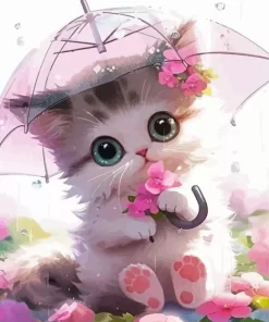 Cute Kitten Under Umbrella Diamond Painting