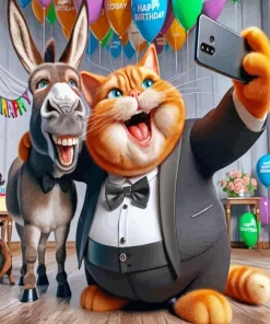 Fat Cat Taking Selfie With Donkey Diamond Painting