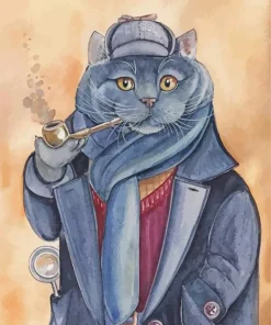 Grey Cat Smoking Pipe Diamond Painting