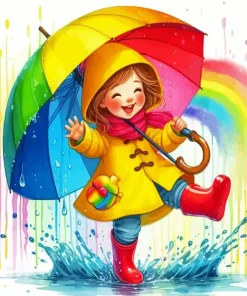 Happy Cartoon Girl Holding Umbrella Diamond Painting