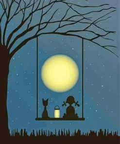 Illustration Cat And Girl Silhouette Diamond Painting