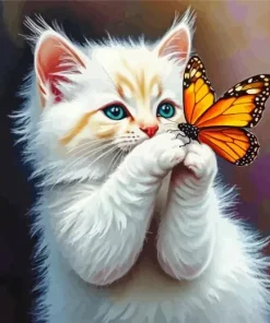 White Cat And Butterfly Diamond Painting