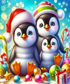 Cartoon Christmas Penguin Family Diamond Painting