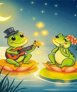 Cartoon Frogs On A Lily Pad Diamond Painting