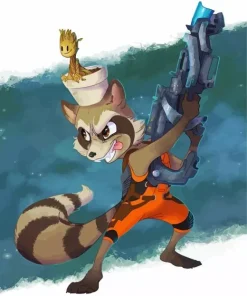 Cartoon Rocket Raccoon And Groot Diamond Painting