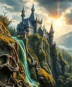 Castle And Waterfall Diamond Painting