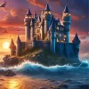 Castle By The Sea At Sunset Diamond Painting