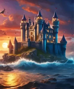 Castle By The Sea At Sunset Diamond Painting