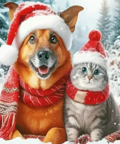 Cat And Dog In Snow Diamond Painting