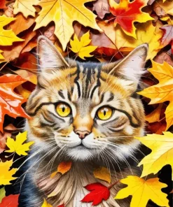 Cat In Fall Leaves Diamond Painting