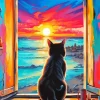 Cat Looking At Sunset Diamond Painting