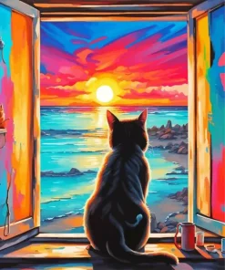 Cat Looking At Sunset Diamond Painting