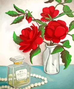 Chanel Bottle Red Flowers Art Diamond Painting