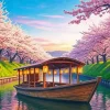 Cherry Blossom River Boat Diamond Painting