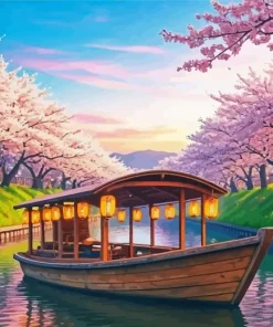 Cherry Blossom River Boat Diamond Painting