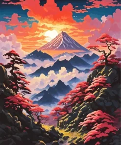 Japanese Mountain Sunset Diamond Painting