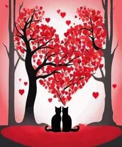 Red Heart Tree And Cats Diamond Painting